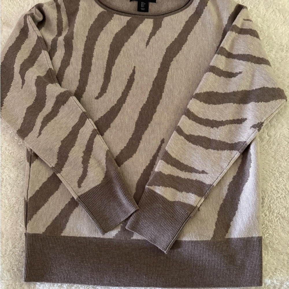 Tahari Brown and Tan Crew Neck Sweater with Zebra Stripes